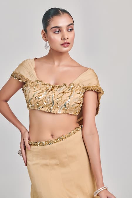 Shop One Knot One By Ashna Beige Crepe, Satin Sequins, Cut Work Round Embroidered Draped Blouse With Skirt Online at Aza Fashions Shop_One Knot One By Ashna_Beige Crepe, Satin Sequins, Cut Work Round Embroidered Draped Blouse With Skirt _Online_at_Aza_Fashions