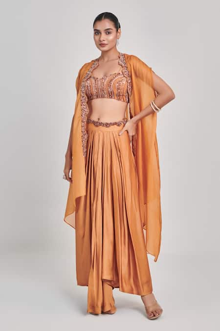 One Knot One By Ashna Yellow Cape Satin Organza Embroidered Sequins Embellished Border Skirt Set 