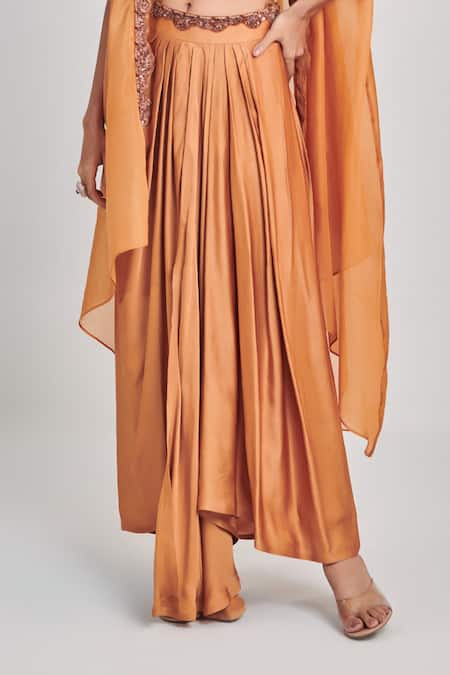 One Knot One By Ashna Yellow Crepe, Silk Satin Cut Work, Sequins Embellished Border Cape Skirt Set Online at Aza Fashions One Knot One By Ashna_Yellow Crepe, Silk Satin Cut Work, Sequins Embellished Border Cape Skirt Set _Online_at_Aza_Fashions