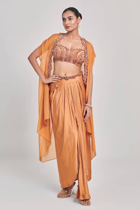 Buy One Knot One By Ashna Yellow Crepe, Silk Satin Cut Work, Sequins Embellished Border Cape Skirt Set Online at Aza Fashions Buy_One Knot One By Ashna_Yellow Crepe, Silk Satin Cut Work, Sequins Embellished Border Cape Skirt Set _Online_at_Aza_Fashions