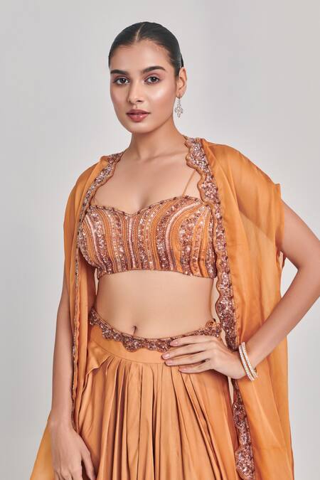 Shop One Knot One By Ashna Yellow Crepe, Silk Satin Cut Work, Sequins Embellished Border Cape Skirt Set Online at Aza Fashions Shop_One Knot One By Ashna_Yellow Crepe, Silk Satin Cut Work, Sequins Embellished Border Cape Skirt Set _Online_at_Aza_Fashions