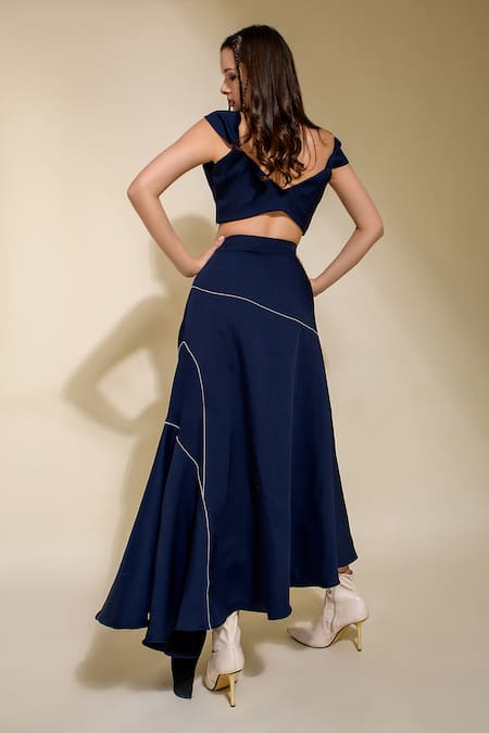 Shop Saangi Blue Polyester Embroidery Sweetheart Neck Solid Bustier And Placement Skirt Set at Aza Fashions Shop_Saangi_Blue Polyester Embroidery Sweetheart Neck Solid Bustier And Placement Skirt Set _at_Aza_Fashions