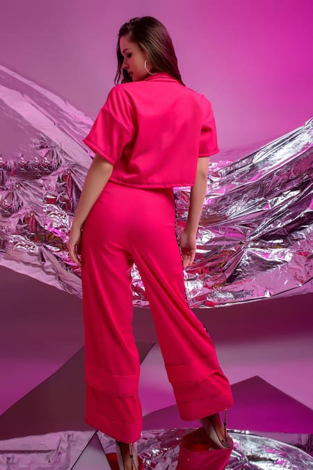 Shop Saangi Pink Polyester Embroidery Collared Placement Shirt And Palazzo Set at Aza Fashions Shop_Saangi_Pink Polyester Embroidery Collared Placement Shirt And Palazzo Set_at_Aza_Fashions