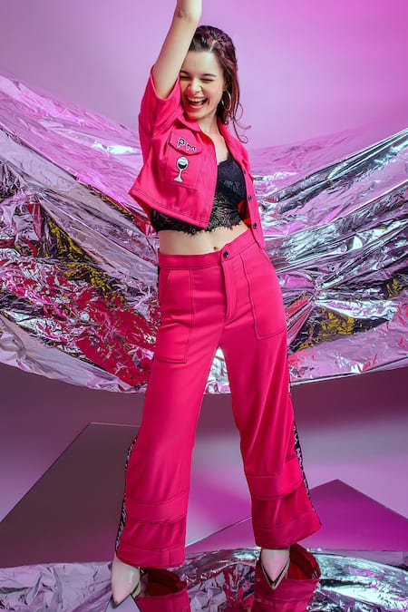 Saangi Pink Polyester Embroidery Collared Placement Shirt And Palazzo Set Online at Aza Fashions Saangi_Pink Polyester Embroidery Collared Placement Shirt And Palazzo Set_Online_at_Aza_Fashions