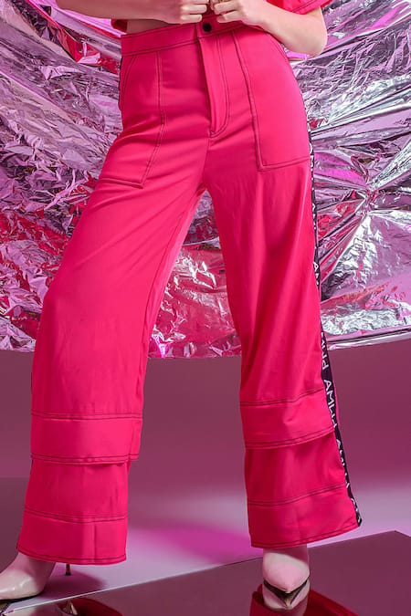 Shop Saangi Pink Polyester Embroidery Collared Placement Shirt And Palazzo Set Online at Aza Fashions Shop_Saangi_Pink Polyester Embroidery Collared Placement Shirt And Palazzo Set_Online_at_Aza_Fashions