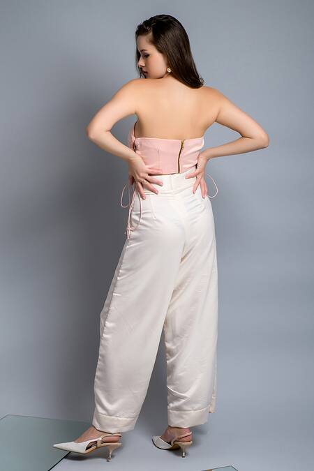 Shop_Saangi_Peach Satin Sweetheart Neck Solid Bustier And Palazzo Set _at_Aza_Fashions