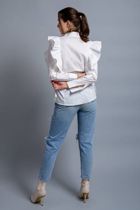 Shop Saangi White Cotton Collared Frill Shirt at Aza Fashions Shop_Saangi_White Cotton Collared Frill Shirt_at_Aza_Fashions
