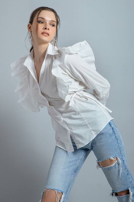 Saangi White Cotton Collared Frill Shirt Online at Aza Fashions Saangi_White Cotton Collared Frill Shirt_Online_at_Aza_Fashions