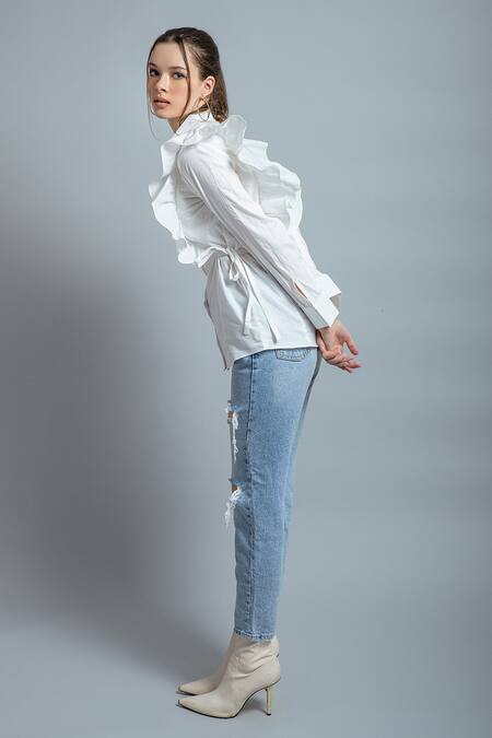 Buy Saangi White Cotton Collared Frill Shirt Online at Aza Fashions Buy_Saangi_White Cotton Collared Frill Shirt_Online_at_Aza_Fashions