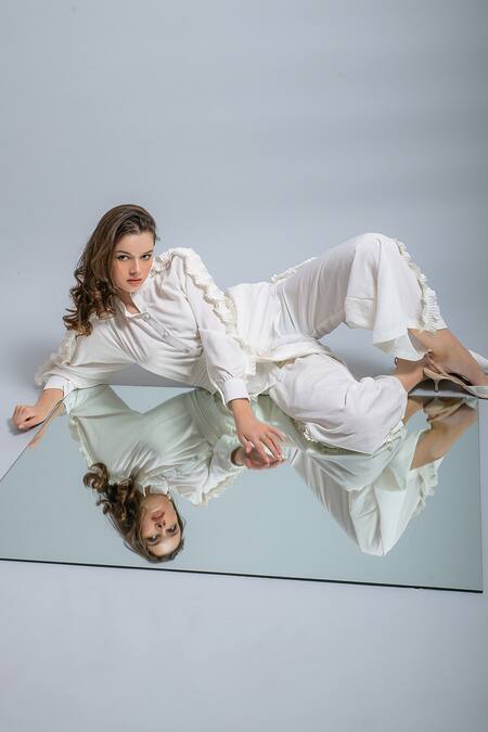 Saangi_White Crepe Ruffles Collared Pleated Shirt And Palazzo Set_Online_at_Aza_Fashions