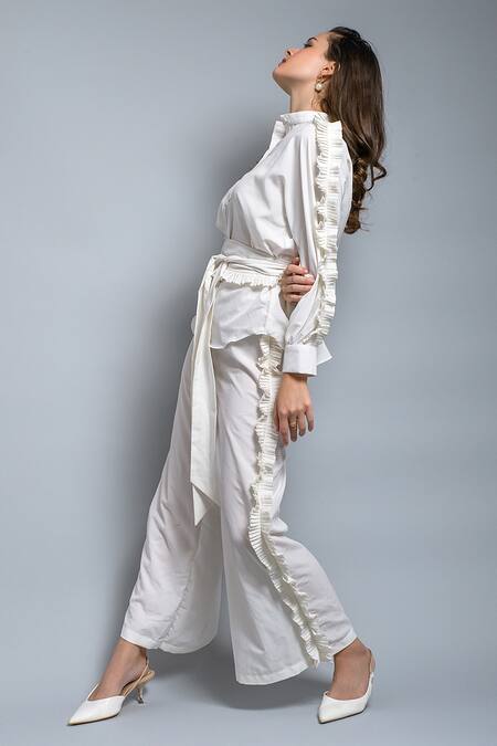 Buy_Saangi_White Crepe Ruffles Collared Pleated Shirt And Palazzo Set_Online_at_Aza_Fashions