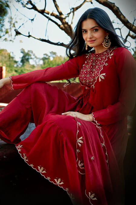 Saangi Maroon Organza, Georgette, Denim Embroidery Crew Neck, Kurta Set With Shrug Online at Aza Fashions Saangi_Maroon Organza, Georgette, Denim Embroidery Crew Neck, Kurta Set With Shrug _Online_at_Aza_Fashions