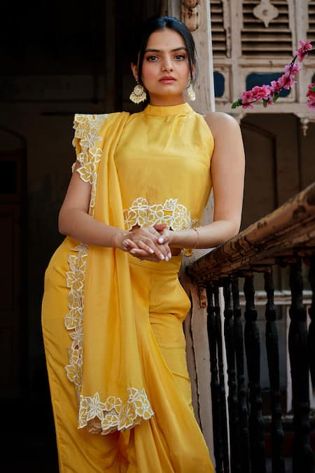 Shop Saangi Yellow Silk Embroidery High Neck Draped Pant Saree With Top at Aza Fashions Shop_Saangi_Yellow Silk Embroidery High Neck Draped Pant Saree With Top _at_Aza_Fashions