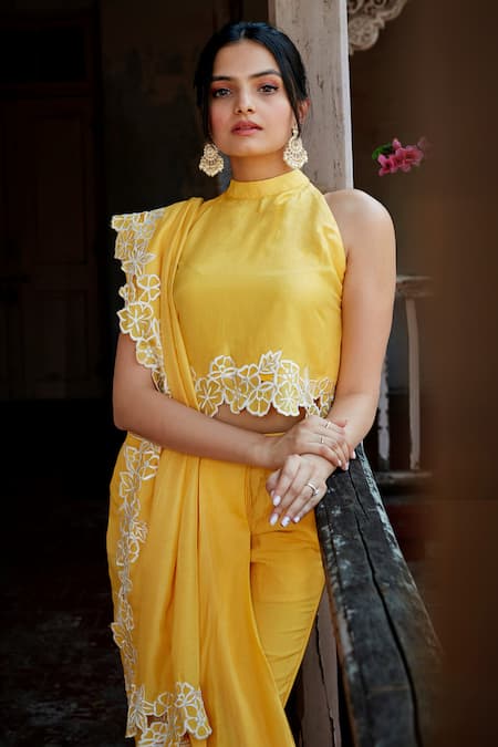 Saangi Yellow Silk Embroidery High Neck Draped Pant Saree With Top Online at Aza Fashions Saangi_Yellow Silk Embroidery High Neck Draped Pant Saree With Top _Online_at_Aza_Fashions