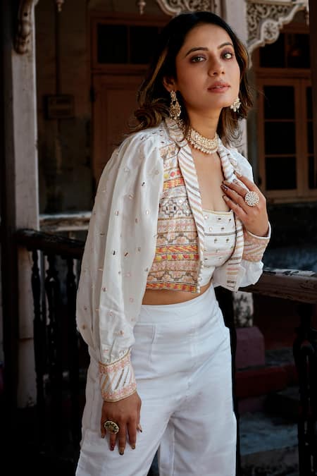 Shop Saangi White Denim, Georgette Mirrors, Embroidery Pant Set And Leheriya Ombre Shrug at Aza Fashions Shop_Saangi_White Denim, Georgette Mirrors, Embroidery Pant Set And Leheriya Ombre Shrug _at_Aza_Fashions
