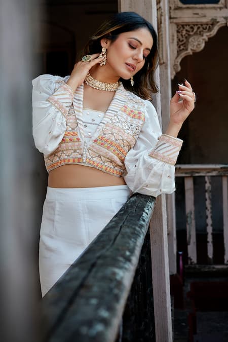 Saangi White Denim, Georgette Mirrors, Embroidery Pant Set And Leheriya Ombre Shrug Online at Aza Fashions Saangi_White Denim, Georgette Mirrors, Embroidery Pant Set And Leheriya Ombre Shrug _Online_at_Aza_Fashions