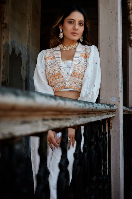 Buy Saangi White Denim, Georgette Mirrors, Embroidery Pant Set And Leheriya Ombre Shrug Online at Aza Fashions Buy_Saangi_White Denim, Georgette Mirrors, Embroidery Pant Set And Leheriya Ombre Shrug _Online_at_Aza_Fashions