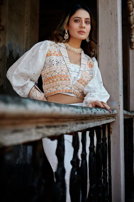 Shop Saangi White Denim, Georgette Mirrors, Embroidery Pant Set And Leheriya Ombre Shrug Online at Aza Fashions Shop_Saangi_White Denim, Georgette Mirrors, Embroidery Pant Set And Leheriya Ombre Shrug _Online_at_Aza_Fashions