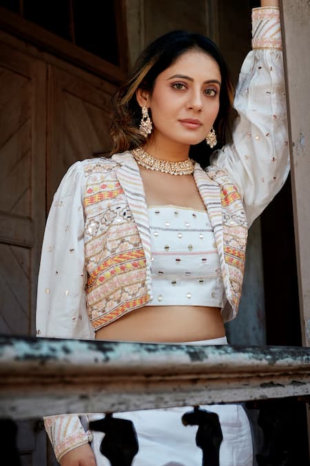 Saangi White Denim, Georgette Mirrors, Embroidery Pant Set And Leheriya Ombre Shrug at Aza Fashions Saangi_White Denim, Georgette Mirrors, Embroidery Pant Set And Leheriya Ombre Shrug _at_Aza_Fashions