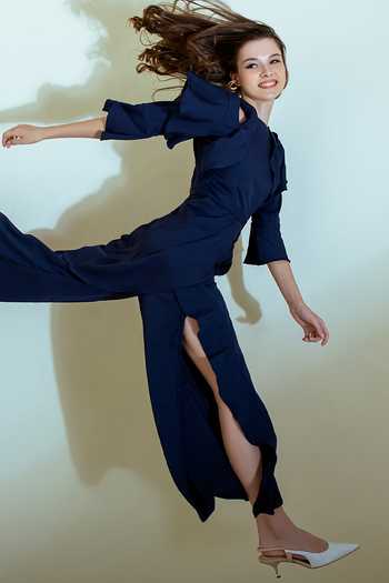 Buy_Saangi_Blue Crew Neck Navy Frill Top And Slit Pant Set_Online_at_Aza_Fashions
