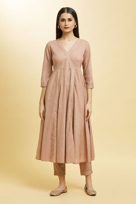 Adara Khan_Beige Cotton, Chanderi Gota Patti V-neck Bloom Print Lace Anarkali Set _Online_at_Aza_Fashions