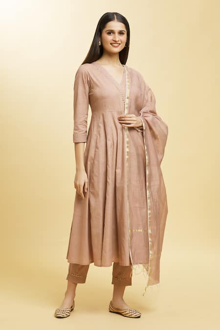 Buy_Adara Khan_Beige Cotton, Chanderi Gota Patti V-neck Bloom Print Lace Anarkali Set _Online_at_Aza_Fashions