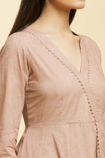 Shop_Adara Khan_Beige Cotton, Chanderi Gota Patti V-neck Bloom Print Lace Anarkali Set _Online_at_Aza_Fashions