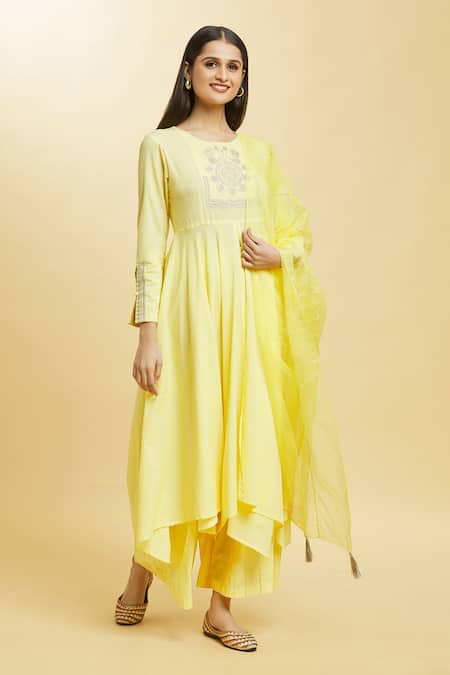 Buy_Adara Khan_Yellow Cotton, Organza Embroidery, Tassels, Blossom Crest Anarkali Palazzo Set _Online_at_Aza_Fashions
