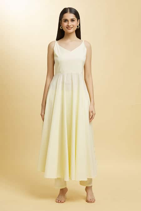 Naintara Bajaj Off White Cotton, Chiffon Gota Patti V-neck V Anarkali Pant Set With Dupatta Online at Aza Fashions Naintara Bajaj_Off White Cotton, Chiffon Gota Patti V-neck V Anarkali Pant Set With Dupatta _Online_at_Aza_Fashions