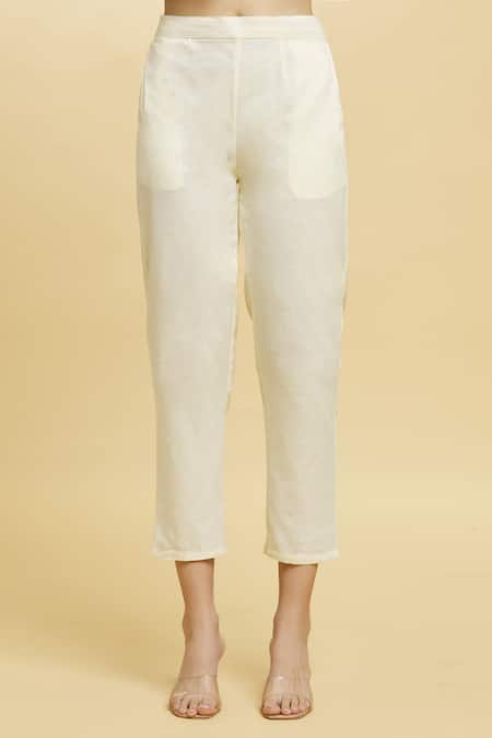 Naintara Bajaj Off White Cotton, Chiffon Gota Patti V-neck V Anarkali Pant Set With Dupatta at Aza Fashions Naintara Bajaj_Off White Cotton, Chiffon Gota Patti V-neck V Anarkali Pant Set With Dupatta _at_Aza_Fashions