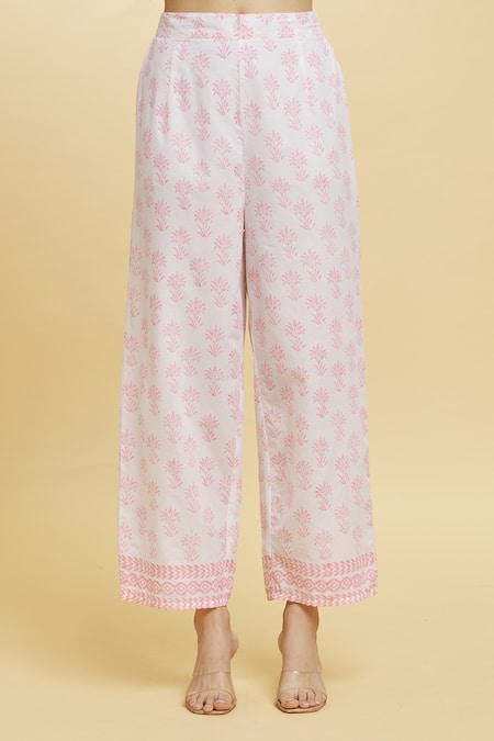 Shop_Khwaab By Sanjana Lakhani_Pink Cotton Tassels V-neck Carnation Bloom Print Kurta And Pant Set _Online_at_Aza_Fashions