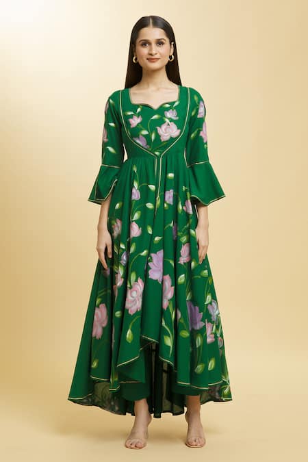 Buy_Samyukta Singhania_Green Cotton, Organza Embroidery, Gota Patti Padma Bloom Print Anarkali Pant Set _Online_at_Aza_Fashions