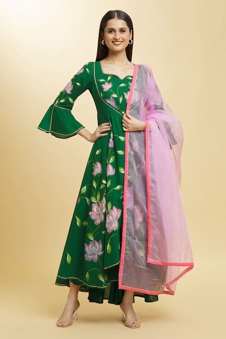 Shop_Samyukta Singhania_Green Cotton, Organza Embroidery, Gota Patti Padma Bloom Print Anarkali Pant Set _Online_at_Aza_Fashions