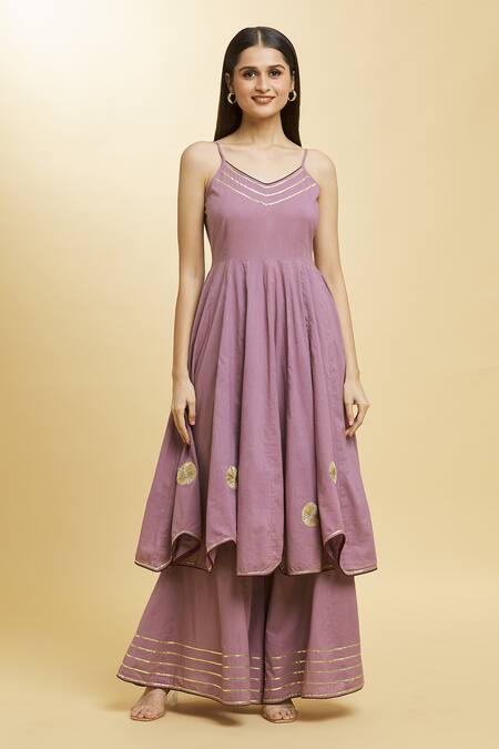 Adara Khan_Purple Cotton, Chanderi Gota Patti, Lace V-neck Chakri And Anarkali Palazzo Set _Online_at_Aza_Fashions