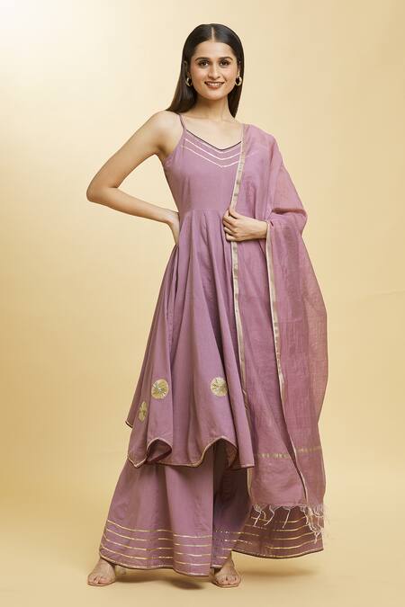 Buy_Adara Khan_Purple Cotton, Chanderi Gota Patti, Lace V-neck Chakri And Anarkali Palazzo Set _Online_at_Aza_Fashions
