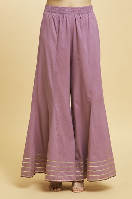 Adara Khan_Purple Cotton, Chanderi Gota Patti, Lace V-neck Chakri And Anarkali Palazzo Set _at_Aza_Fashions