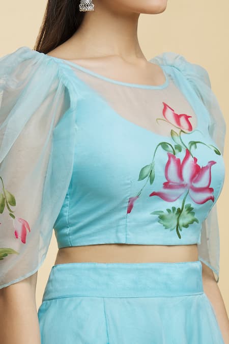 Buy_Naintara Bajaj_Blue Organza Embroidery Round Neck Brush Paint Lotus Lehenga Blouse Set _Online_at_Aza_Fashions