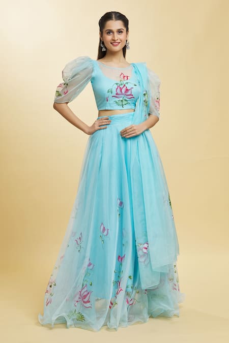 Shop_Naintara Bajaj_Blue Organza Embroidery Round Neck Brush Paint Lotus Lehenga Blouse Set _Online_at_Aza_Fashions