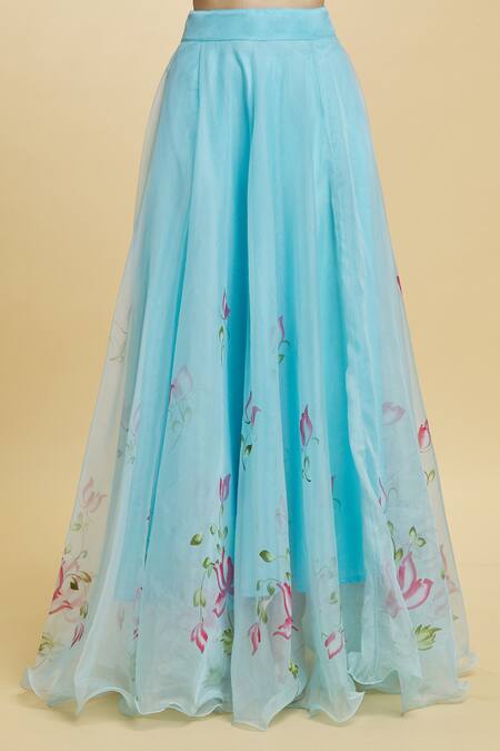 Naintara Bajaj_Blue Organza Embroidery Round Neck Brush Paint Lotus Lehenga Blouse Set _at_Aza_Fashions
