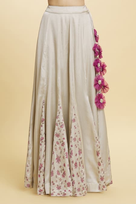 Naintara Bajaj_Grey Organza, Silk Tassels Sweetheart Lotus Gardenia Print Lehenga Blouse Set _at_Aza_Fashions