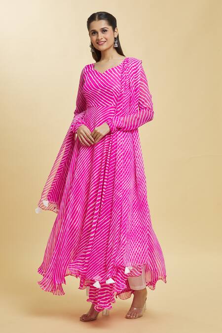 Shop Naintara Bajaj Pink Georgette, Cotton Tassels Rose Bloom Leheriya Anarkali Set Online at Aza Fashions Shop_Naintara Bajaj_Pink Georgette, Cotton Tassels Rose Bloom Leheriya Anarkali Set _Online_at_Aza_Fashions