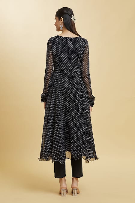 Shop Naintara Bajaj Black Georgette, Cotton Tassels Charcoal Art Leheriya Anarkali Pant Set at Aza Fashions Shop_Naintara Bajaj_Black Georgette, Cotton Tassels Charcoal Art Leheriya Anarkali Pant Set _at_Aza_Fashions