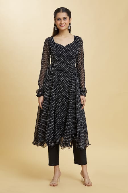 Naintara Bajaj Black Georgette, Cotton Tassels Charcoal Art Leheriya Anarkali Pant Set Online at Aza Fashions Naintara Bajaj_Black Georgette, Cotton Tassels Charcoal Art Leheriya Anarkali Pant Set _Online_at_Aza_Fashions