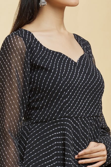 Shop Naintara Bajaj Black Georgette, Cotton Tassels Charcoal Art Leheriya Anarkali Pant Set Online at Aza Fashions Shop_Naintara Bajaj_Black Georgette, Cotton Tassels Charcoal Art Leheriya Anarkali Pant Set _Online_at_Aza_Fashions