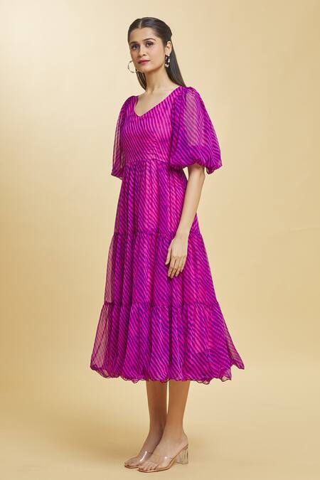 Buy_Naintara Bajaj_Purple Georgette V-neck Striped Leheriya Tiered Tunic _Online_at_Aza_Fashions