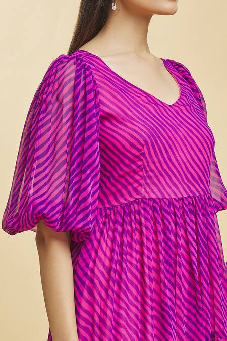 Shop_Naintara Bajaj_Purple Georgette V-neck Striped Leheriya Tiered Tunic _Online_at_Aza_Fashions