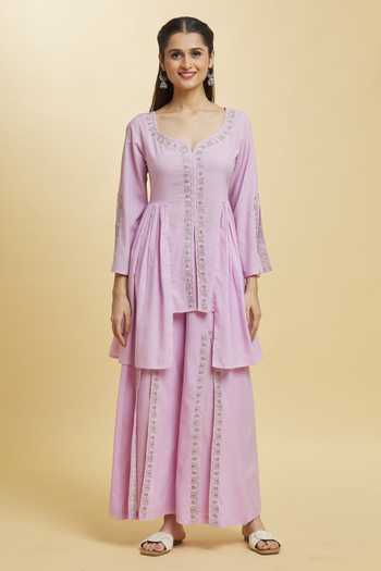 Samyukta Singhania Purple Cotton Embroidery V-neck Winsome Orchid Kurta And Pant Set Online at Aza Fashions Samyukta Singhania_Purple Cotton Embroidery V-neck Winsome Orchid Kurta And Pant Set _Online_at_Aza_Fashions