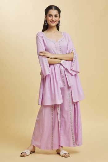 Samyukta Singhania Purple Cotton Embroidery V-neck Winsome Orchid Kurta And Pant Set at Aza Fashions Samyukta Singhania_Purple Cotton Embroidery V-neck Winsome Orchid Kurta And Pant Set _at_Aza_Fashions