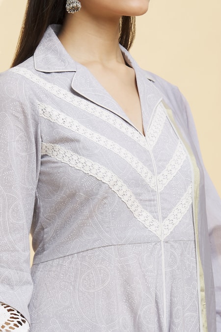 Adara Khan_Gray Cotton, Chanderi Lace, Embroidery Floral Anarkali Set With Dupatta _Online_at_Aza_Fashions