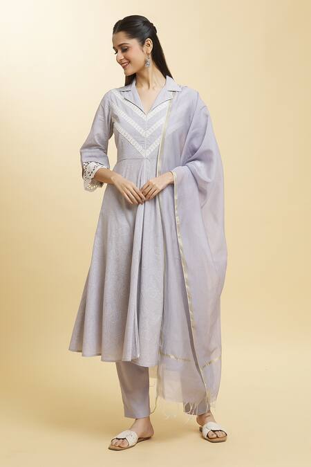 Shop_Adara Khan_Gray Cotton, Chanderi Lace, Embroidery Floral Anarkali Set With Dupatta _Online_at_Aza_Fashions